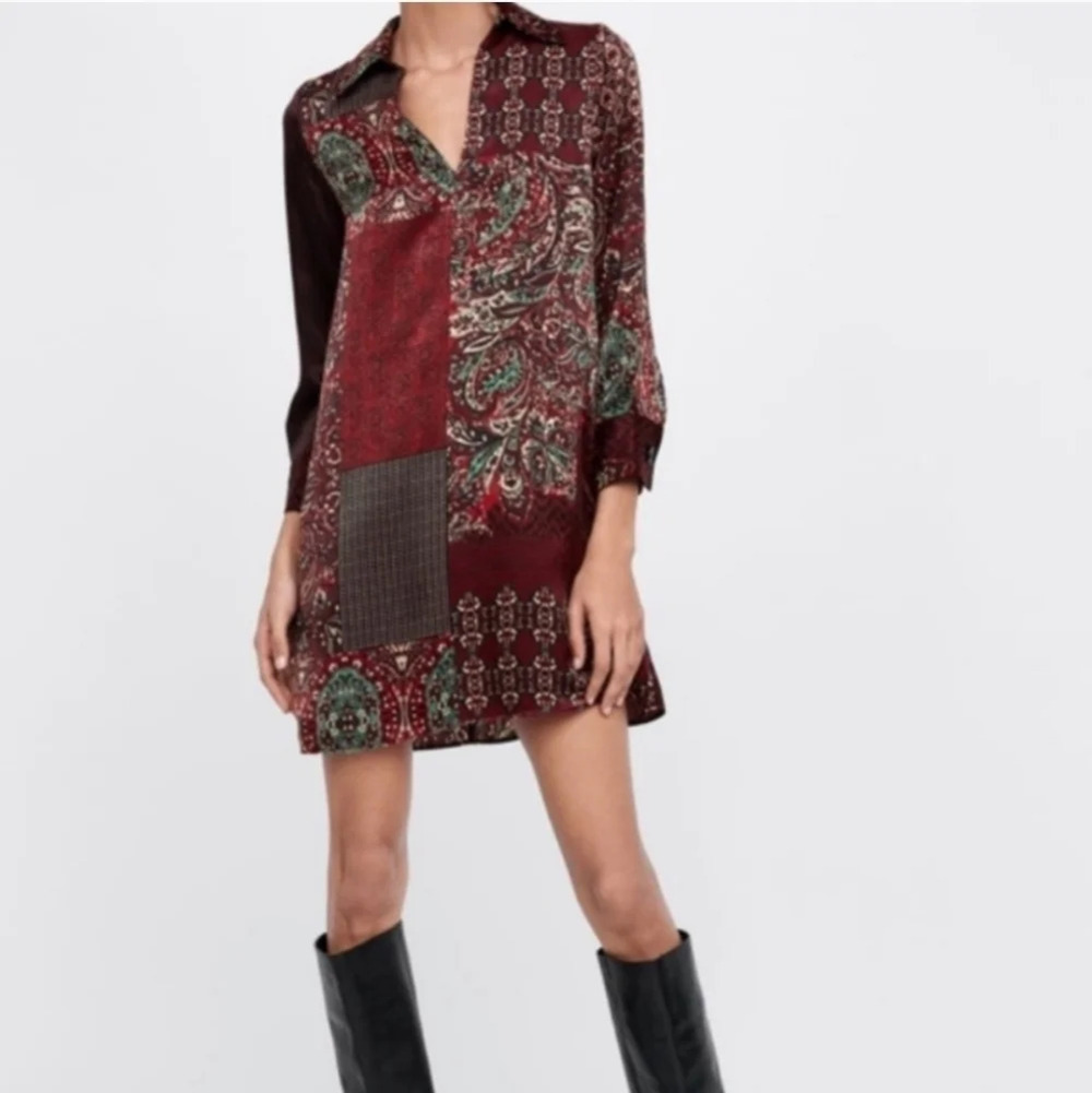 Zara patch quilt print  satin vee neck collar mini dress